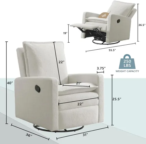 Miniatura 3 de Oxford Baby Uptown - Silla mecedora tapizada manual con función de reclinar, giratoria 360° para cuarto de bebé y sala de estar – Bouclé blanco
