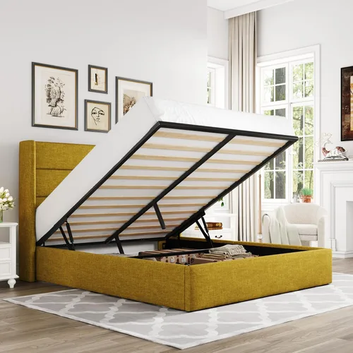 Miniatura 19 de Allewie Cama de Almacenamiento Elevable Tamaño Completo, Cabecero Capitonado con Botones con Respaldo de Ala, Soporte Hidráulico, No Necesita Gris