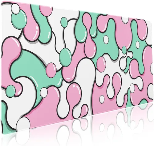 Alfombrilla de ratón rosa y verde anime geométrica japonesa extendida para escritorio 90X40 CM, base de goma antideslizante, borde cosido,