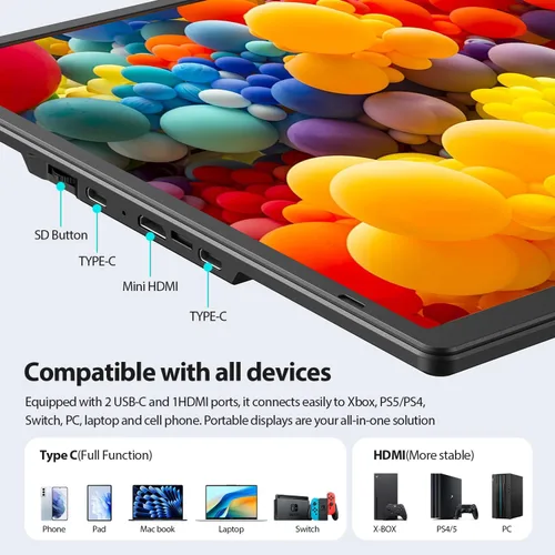 Miniatura 5 de Monitor portátil de 16.2 pulgadas FHD 1200P USB-C/HDMI con soporte retráctil y altavoces, pantalla de computadora ultradelgada HDR, pantalla