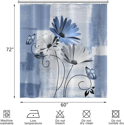 Miniatura 4 de Cortina de ducha rústica de granja con margaritas azules, flores florales de mariposa, primavera, pintura al óleo, cortinas de baño, tela