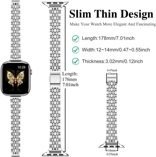 Miniatura 3 de Correa delgada de acero inoxidable compatible con Apple Watch Ultra 3/2/1 (1.929 in) y Series 11 10 9-1 SE 3-1 (46/45/44/42/41/40/1.496 in), correa