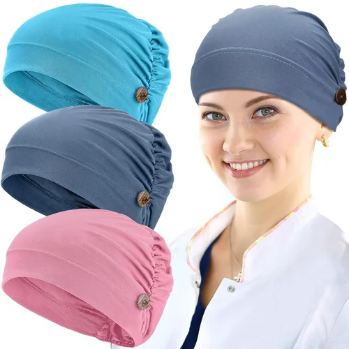 Miniatura 16 de Geyoga Gorras Bouffant con botones, unisex, elástica, turbante con botones para mujer, 3 piezas, Negro, Talla única