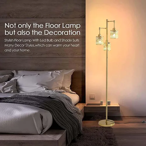 Miniatura 7 de Lámpara de pie industrial, lámpara de pie regulable, lámpara de árbol dorado, lámpara de pie con 3 elegantes pantallas de cristal para sala