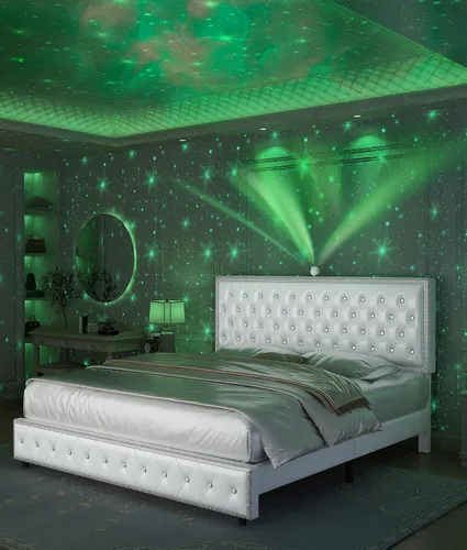 Miniatura 9 de Base de cama de plataforma tapizada tamaño Queen con cabecera LED, proyector de estrellas integrado y cabecera ajustable, no necesita somier, fácil