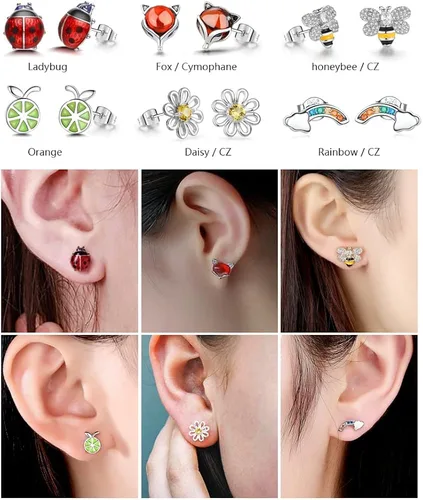 Miniatura 3 de Juego de 20 pares de aretes de ópalo de acero inoxidable para mujeres y niñas, animales arco iris, mariquita, abeja, mariposa, gato, serpiente