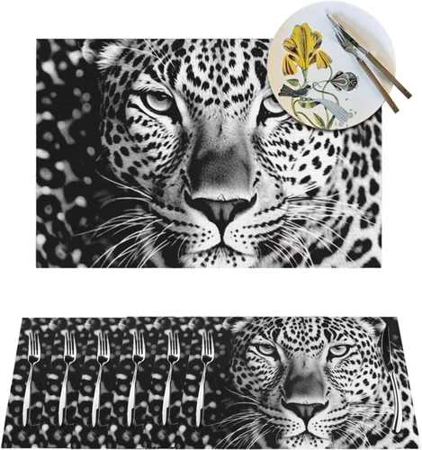 6 PCS PVC Placemats Set Place Mats Black and White Leopard face Non-Slip Weave Place Mats 12" x 18" Farmhouse Durable Table Mat Set for Family
