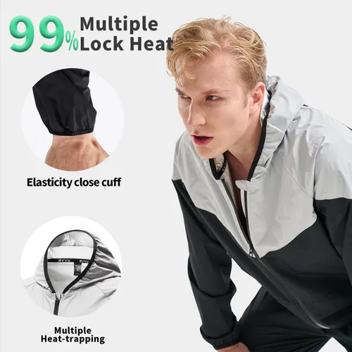 Miniatura 3 de BVVU Traje de sauna para hombre, con cremallera, con capucha, chaqueta de sauna, pantalones, gimnasio, entrenamiento, cuerpo completo