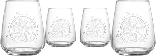 Rolf Glass Compass Star - Vaso de vino sin tallo, vasos sin tallo de 15.75 onzas, juego de 4, cristalería con temática náutica, elegante vaso para