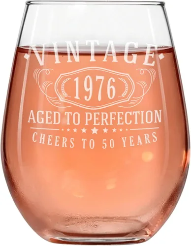 Copa de vino grabada vintage de 1976 de 17 onzas sin tallo, regalo de feliz cumpleaños 50 para mujeres de 50 años, decoración de decoración de