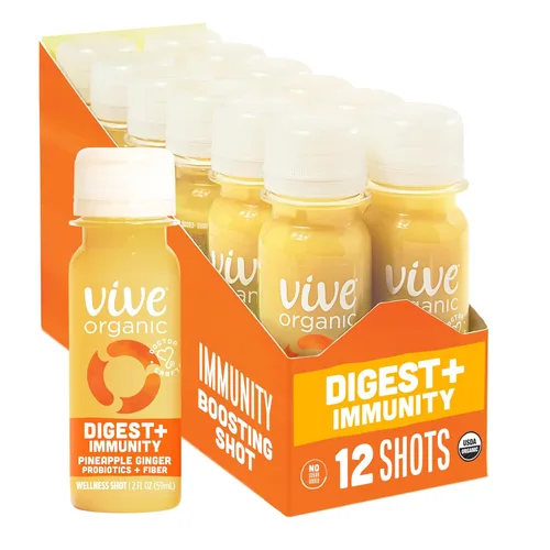 Vive Organic - Shot de refuerzo doble digest + immunity, aloe vera prensado en frío, sidra de manzana, probióticos, 0.07 onzas de fibra, sin gluten,