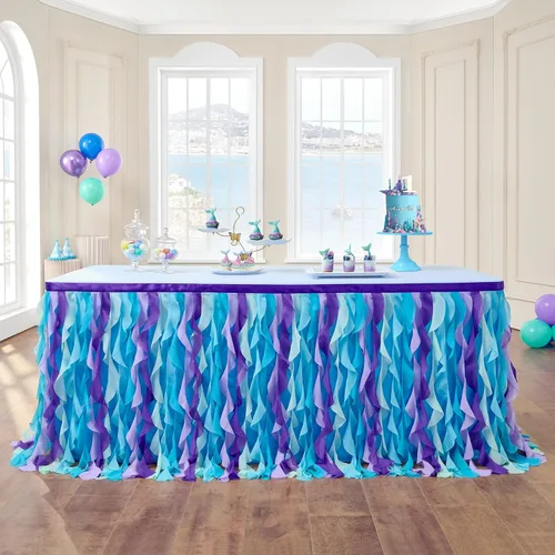 Miniatura 14 de Leegleri - Falda de mesa de tul con volantes de sauce rizado de 6 pies para mesas rectangulares o redondas, falda de mesa tutú azul océano bajo