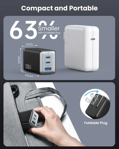 Miniatura 5 de Cargador de pared USB C de 128 W, estación de carga rápida de 3 puertos GaN III, bloque de cargador plegable PD QC, adaptador portátil de 65 W