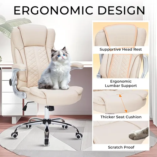 Miniatura 5 de Silla de oficina ejecutiva de 400 libras con reposabrazos abatibles, silla de computadora grande y alta para personas pesadas, silla ergonómica Crema