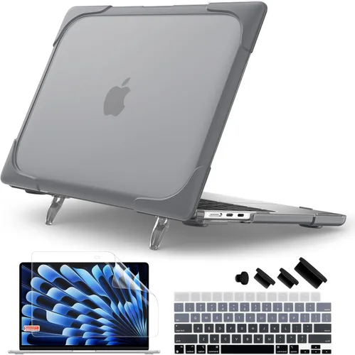 Batianda Funda resistente para MacBook Air de 15 pulgadas 2026 M5 2025 M4 2024 2023 versión modelo A3448/A3241/A3114/A2941, soporte plegable Gris