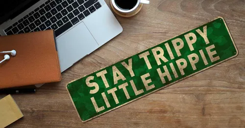 Miniatura 5 de Cartel de hojalata divertido – Letrero de estaño con texto en inglés «Stay Trippy Little Hippie», letreros de metal retro para decoración de pared