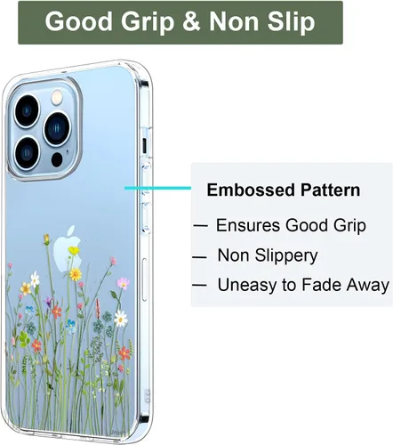 Miniatura 4 de Unov - Funda compatible con iPhone 13 Pro, funda transparente con diseño, patrón floral en relieve, suave protector delgado de TPU contra golpes