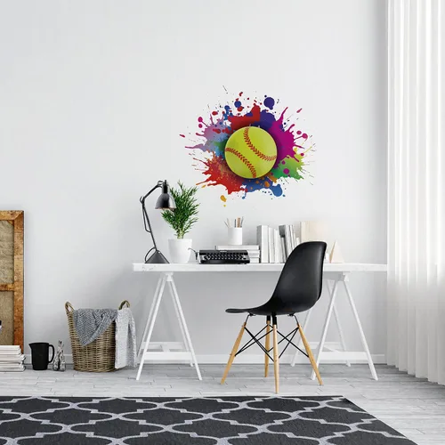 Miniatura 2 de Calcomanía de vinilo para pared de pelota de tenis con fondo artístico, salpicadura de pelota en una pintura con diseño punk, decoración de pared