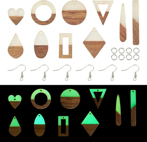 Miniatura 19 de Beadthoven - Dijes de madera de resina para bricolaje, colgantes de aretes de lágrima multicolor, triángulo, círculo redondo, rombo, barra