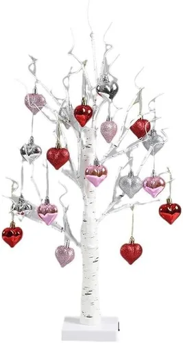 Árbol de abedul blanco iluminado de 24 pulgadas | Decoración de mesa para el día de San Valentín con corazones colgantes, temporizador y doble