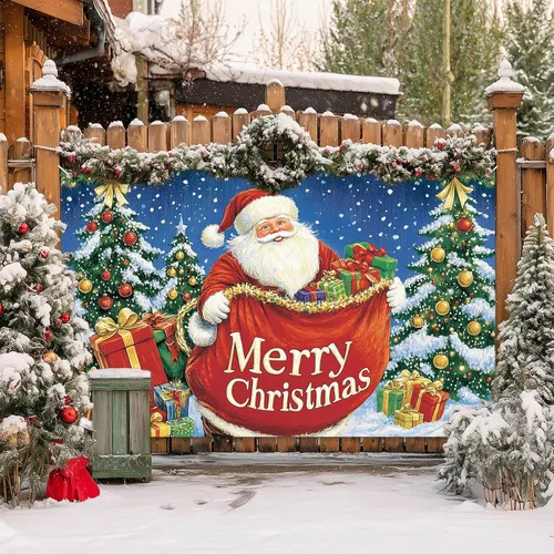 Miniatura 7 de HOMETITUTE Cartel de Feliz Navidad de Papá Noel de 71 x 43 pulgadas, telón de fondo navideño con bolsa de regalo y árbol de Navidad para interiores