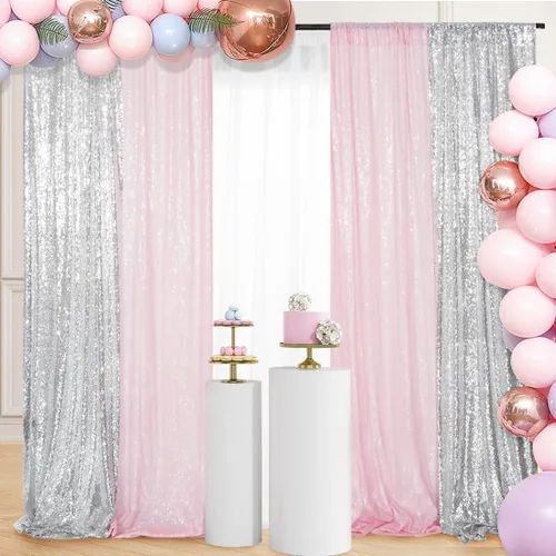 Miniatura 5 de Juya Delight 4 paneles de cortina de lentejuelas plateadas y rosas de 2 x 8 pies, cortinas de fondo de lentejuelas con purpurina para decoración