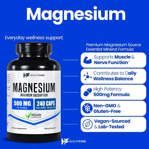 Miniatura 2 de HealthFare Magnesio 500mg 240 cápsulas veganas Suplemento mineral esencial extra fuerte Fórmula de alta absorción Sin OMG, sin gluten