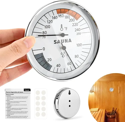 Miniatura 2 de Termómetro e higrómetro de sauna 2 en 1, monitor de temperatura de humedad resistente al calor de acero inoxidable (70-250°F, 0-100%), para saunas