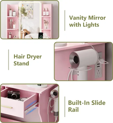 Miniatura 7 de HUANLEGO Pequeño escritorio de tocador con espejo y luces, escritorio de maquillaje rosa con espejo iluminado y toma de corriente, 3 luces