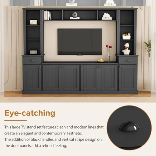 Miniatura 4 de Merax Minimalist 103" Entertainment Wall Unit Set with Overhead Bridge for TVs Up to 75", Modern Large Media Console with Adjustable Shelves, Ample