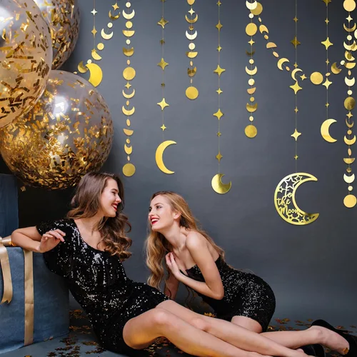 Miniatura 6 de Cheerland Guirnaldas de Estrella y Luna de Oro para Decoración de Fiesta en la Luna Decoraciones de Cumpleaños Celestiales Guirnalda Colgante