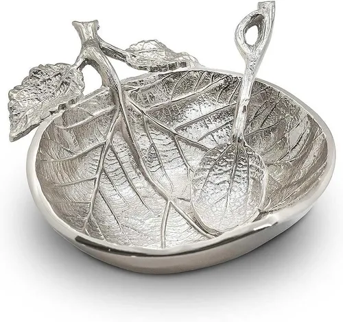 Zion Judaica Rosh Hashanah - Plato artístico de miel con cuchara, hoja en forma de manzana, elegante plato de miel para inmersión de manzana, Níquel