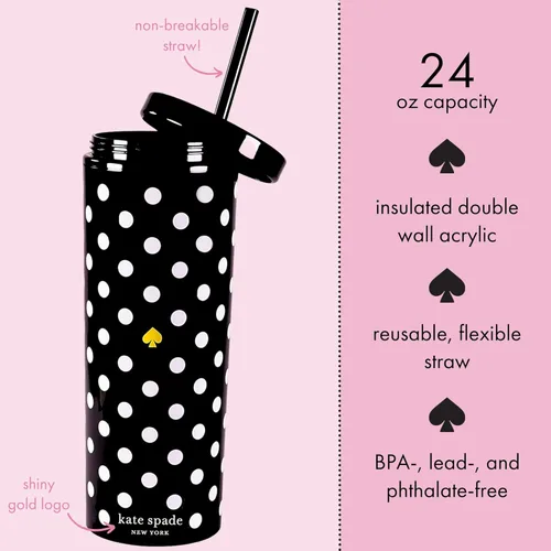 Miniatura 2 de kate spade new york Vaso aislado con popote reutilizable, taza de viaje de acrílico negro de 24 onzas con tapa, lunares Polka Dots