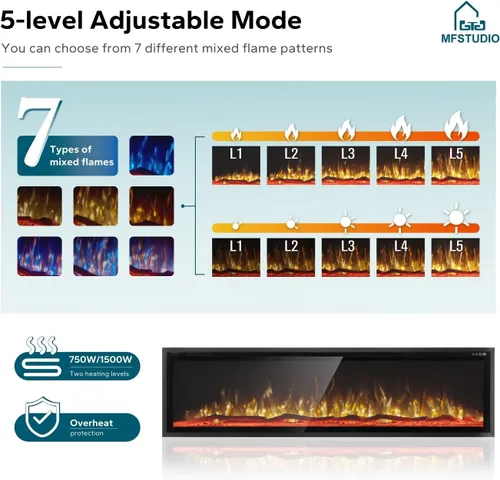 Miniatura 4 de MFSTUDIO - Chimenea eléctrica de 72 pulgadas con 84 combinaciones de color, chimenea eléctrica empotrada y montada en la pared con marco ultra