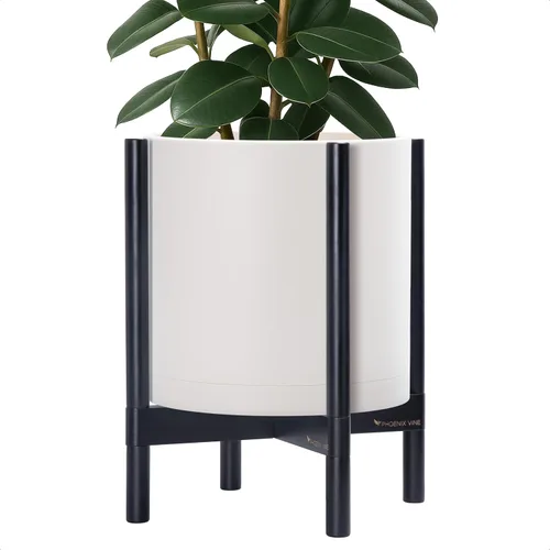 Miniatura 25 de Maceta de D'vine Dev con soporte - Maceta de flores de cilindro de plástico de 8.0 pulgadas con soporte de madera para interiores, maceta mate negra