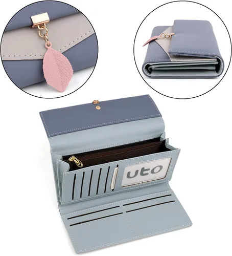 Miniatura 172 de UTO - Cartera pequeña RFID de piel sintética con dije de hoja, cierre de cremallera y tarjetero.