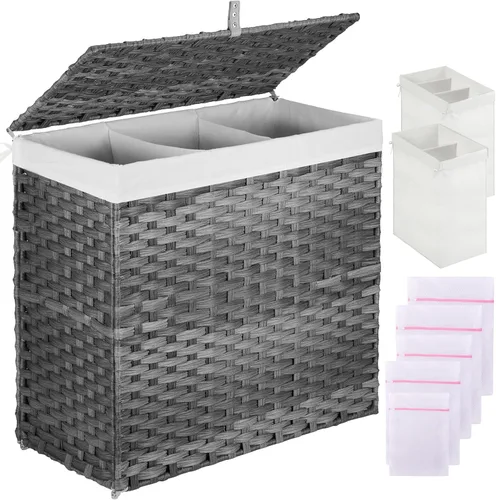 Miniatura 9 de Greenstell Cesta de ropa sucia con tapa, cesta grande de ropa de 125L con 3 secciones y bolsas de forro extraíbles de 2 secciones y 5 bolsas de Negro