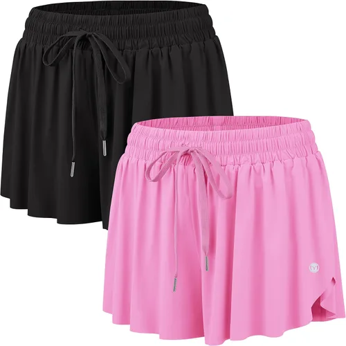 Pantalones cortos atléticos fluidos 2 en 1 para mujer, para correr, yoga, entrenamiento, motociclista con bolsillo en verano