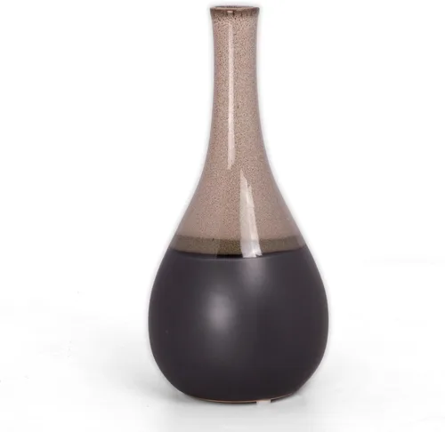 Miniatura 5 de Urban Trends Florero de gres redondo de boca pequeña, cuello largo y borde con bandas negras LG Gloss Finish Blue Jarrón