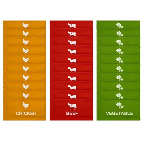 Paquete variado de concentrados de caldo de sodio reducido con 10 concentrados de carne de res, pollo y verduras (30 en total) y 1 espátula