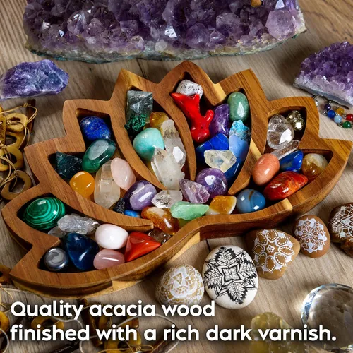 Miniatura 7 de Bandeja de Exhibición de Cristal Lotus – Muestra Tus Gemas, Piedras Curativas y Tesoros – Cuenco de Madera para Rocas de 11"x7", Soporte de Cristal