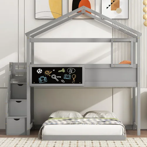 Miniatura 3 de Merax Literas de madera de tamaño individual sobre cama matrimonial con techo y barandilla de protección para niños, niños pequeños, no necesita