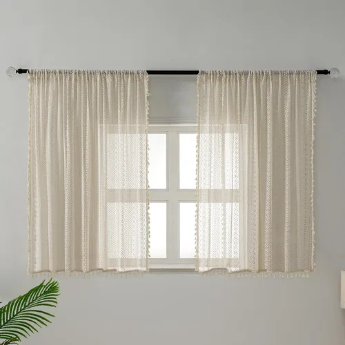 Miniatura 2 de WAZZIO Cortinas de Encaje, Cortina Boho de Crochet para Dormitorio, Cortinas de Café de Algodón, 45 Pulgadas de Largo, 2 Paneles con Bolsillo