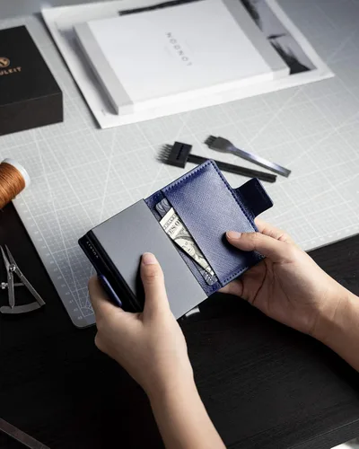 Miniatura 7 de VULKIT Tarjetero de crédito con bloqueo RFID de cuero automático billetera desplegable delgada con clip para dinero funda doble para tarjetas