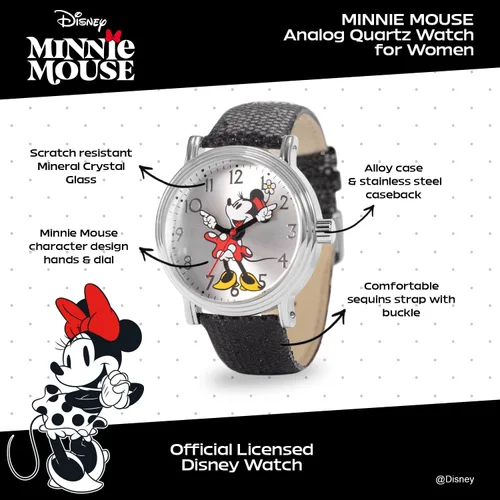 Miniatura 2 de Disney Minnie Mouse Reloj de cuarzo analógico para adultos, estilo vintage, con manos articuladas