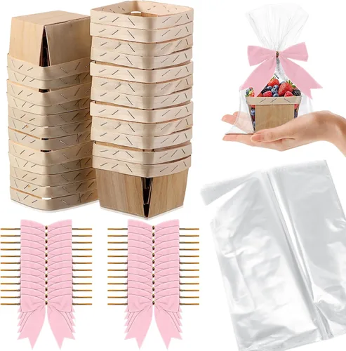 Miniatura 9 de Kigley Juego de 24 cestas de regalo de madera con bolsas de celofán y lazos, kit de mini cestas de bayas vacías para recoger frutas, graduación