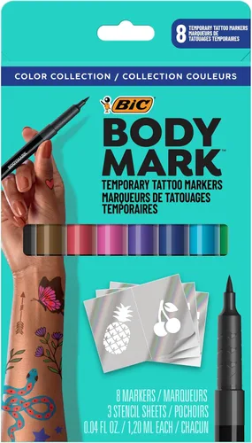 BIC BodyMark - Marcador temporal de tatuaje con calidad cosmética y seguridad para la piel, 8 unidades en varios colores