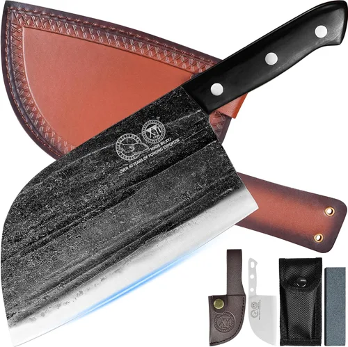 Miniatura 10 de Cuchillo de chef serbio de tanga completa, cuchillo de carnicero, cuchillos de cocina, juego con funda de cuero, para llevar, de carnicero (20.32 cm)
