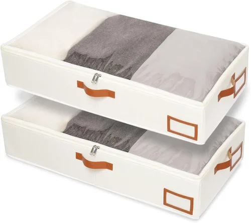 Miniatura 11 de Yawinhe Almacenamiento debajo de la cama, paquete de 2 organizadores de armario, bolsas plegables para contenedores, con ranura para tarjeta de Beige