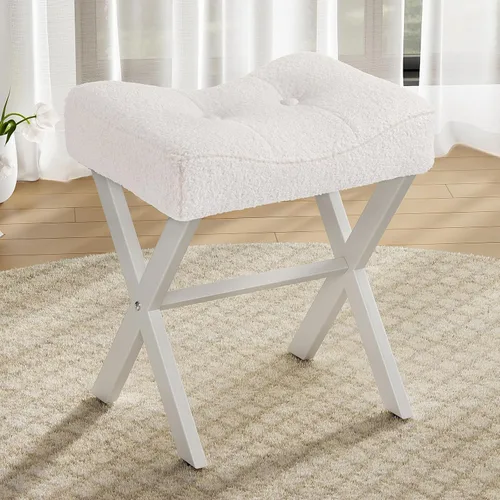 Memobarco Taburete Silla de Tocador de 18 Pulgadas, Banco de Tocador con Patas en X de Metal, Taburete Otomán de Acento con Tela Bouclé Transpirable